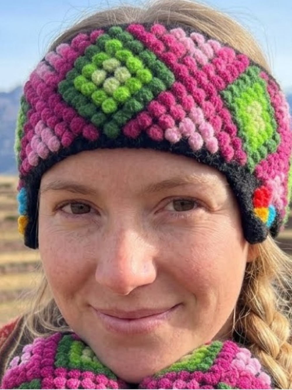 Peruvian Boho Popcorn Stitch Graphic Headband Geometric Pink Green Ear Warmer